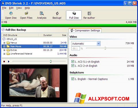 Captură de ecran DVD Shrink pentru Windows XP
