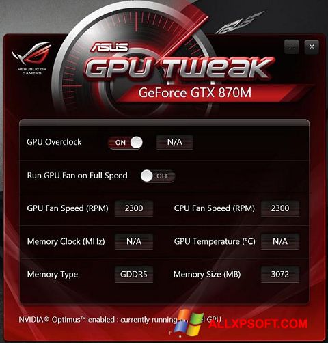 Captură de ecran ASUS GPU Tweak pentru Windows XP