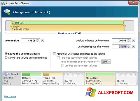 Captură de ecran Acronis Disk Director pentru Windows XP