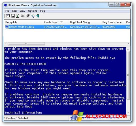 Captură de ecran BlueScreenView pentru Windows XP
