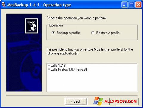 Captură de ecran MozBackup pentru Windows XP