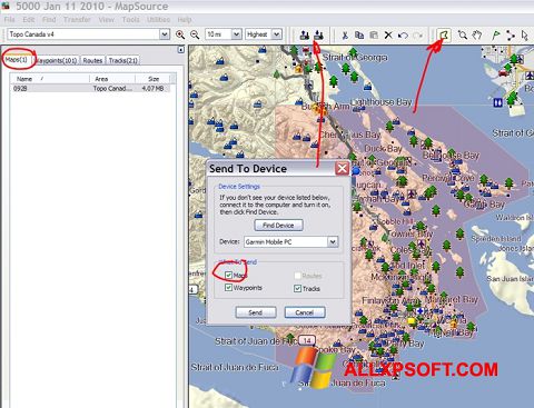 Captură de ecran MapSource pentru Windows XP