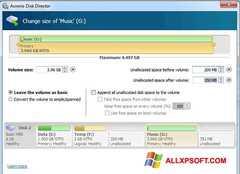 Captură de ecran Acronis Disk Director Suite pentru Windows XP