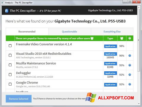 Captură de ecran PC Decrapifier pentru Windows XP