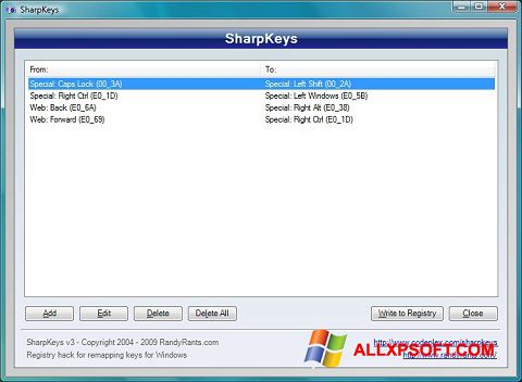 Captură de ecran SharpKeys pentru Windows XP