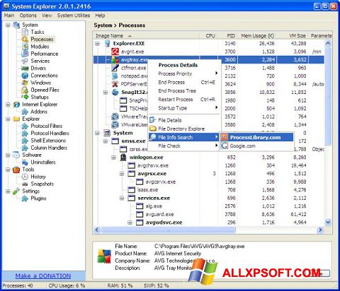 Captură de ecran System Explorer pentru Windows XP