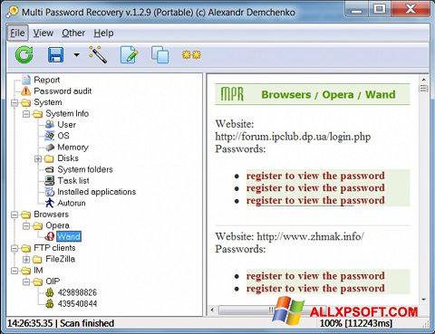 Captură de ecran Multi Password Recovery pentru Windows XP