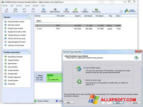 Captură de ecran AOMEI Partition Assistant pentru Windows XP