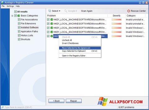 Captură de ecran Auslogics Registry Cleaner pentru Windows XP
