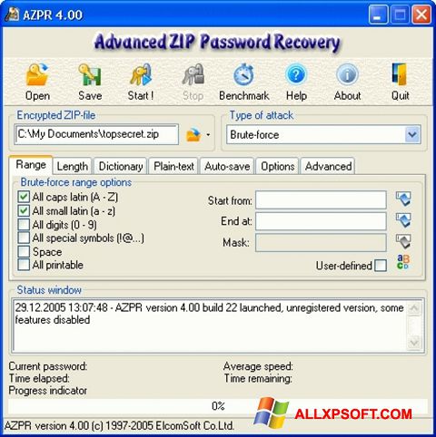 Captură de ecran Advanced Archive Password Recovery pentru Windows XP