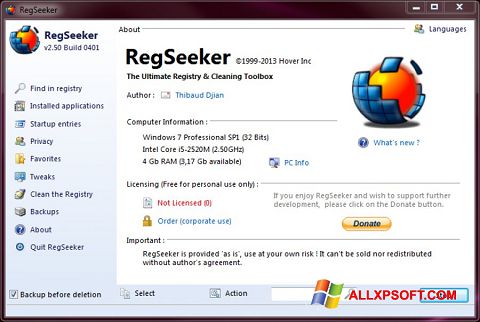 Captură de ecran RegSeeker pentru Windows XP