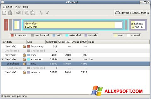 Captură de ecran GParted pentru Windows XP