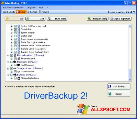 Captură de ecran Driver Backup pentru Windows XP
