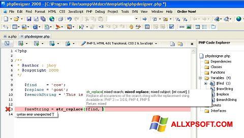 Captură de ecran phpDesigner pentru Windows XP