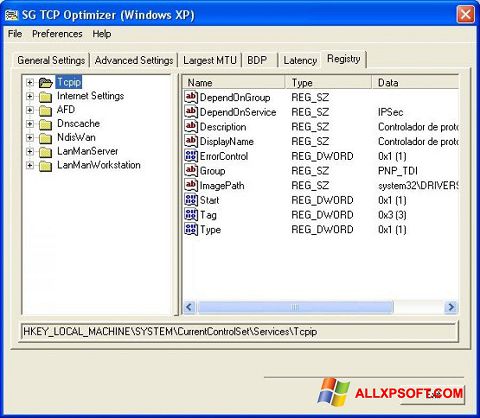 Captură de ecran TCP Optimizer pentru Windows XP