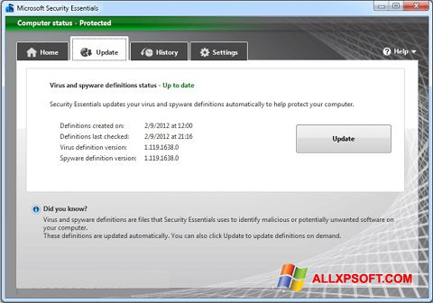 Captură de ecran Microsoft Security Essentials pentru Windows XP